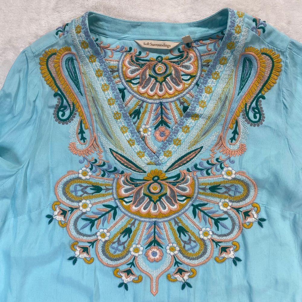 Soft Surroundings Turquoise Embroidered Tunic Top Boho Paisley Floral Pattern XS - Picture 4 of 8